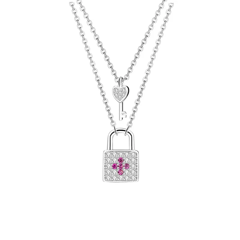 S925 Sterling Silver Purple Cross Zircon Lock Double layer Chain Necklace Shining Key Pendant Women's Anniversary Birthday