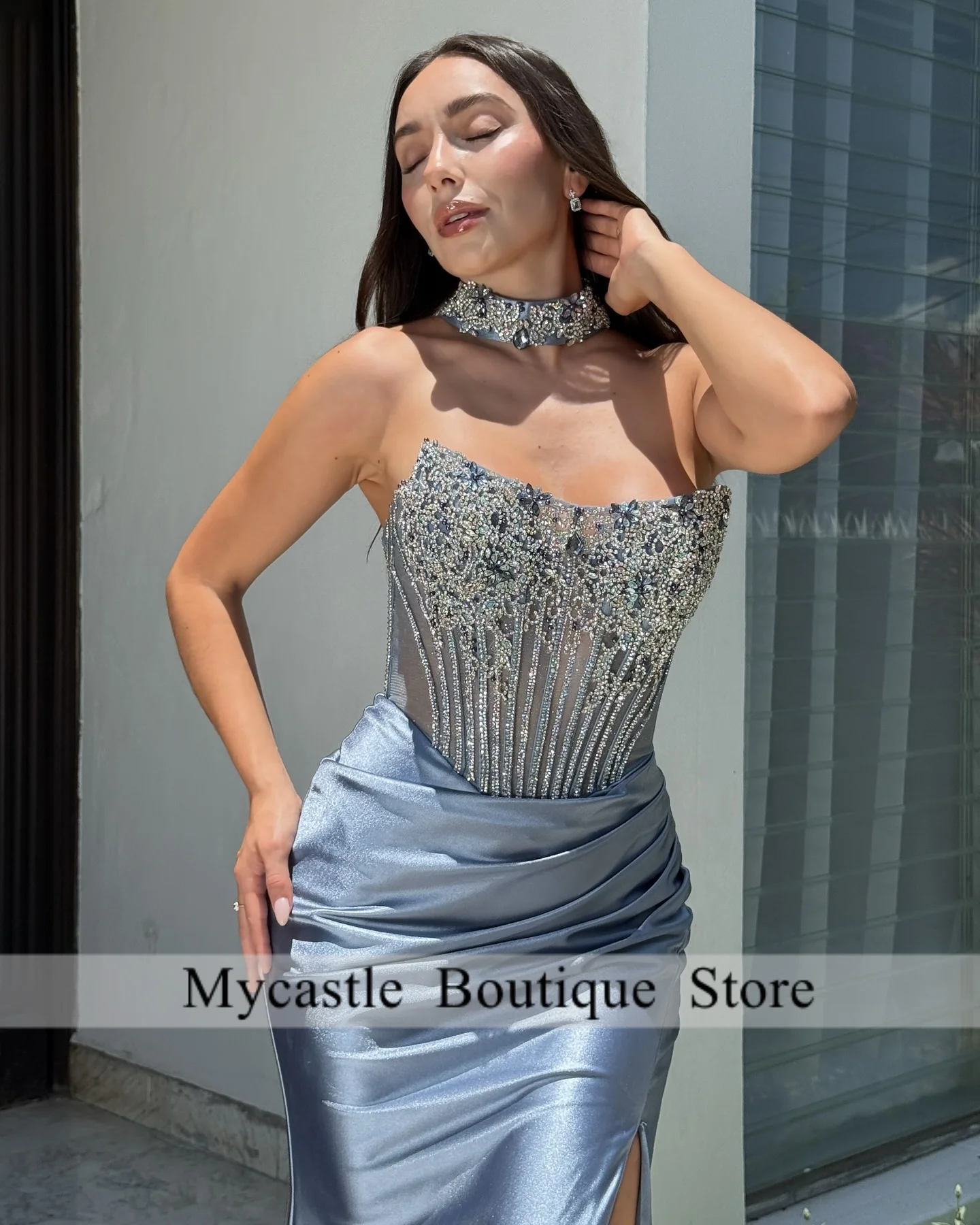 فساتين سهرة زرقاء فاخرة جديدة مطرزة بالخرز 2025 فتحة عالية حورية البحر طيات فساتين لحضور الحفلات الموسيقية لامعة مناسبة رسمية فستان مخصص