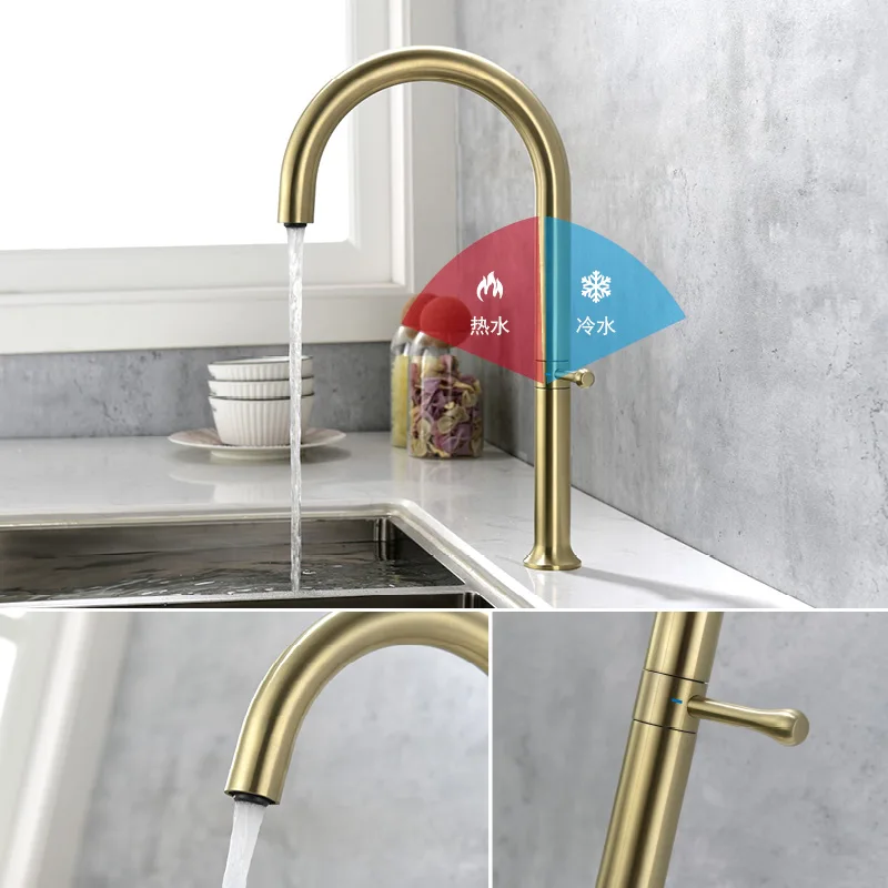 

Single Handle Kitchen Sink Faucet Deck Mounted Hot and Cold Mixer Tap Modern One Hole Vessel Sink Faucet Brushed Gold