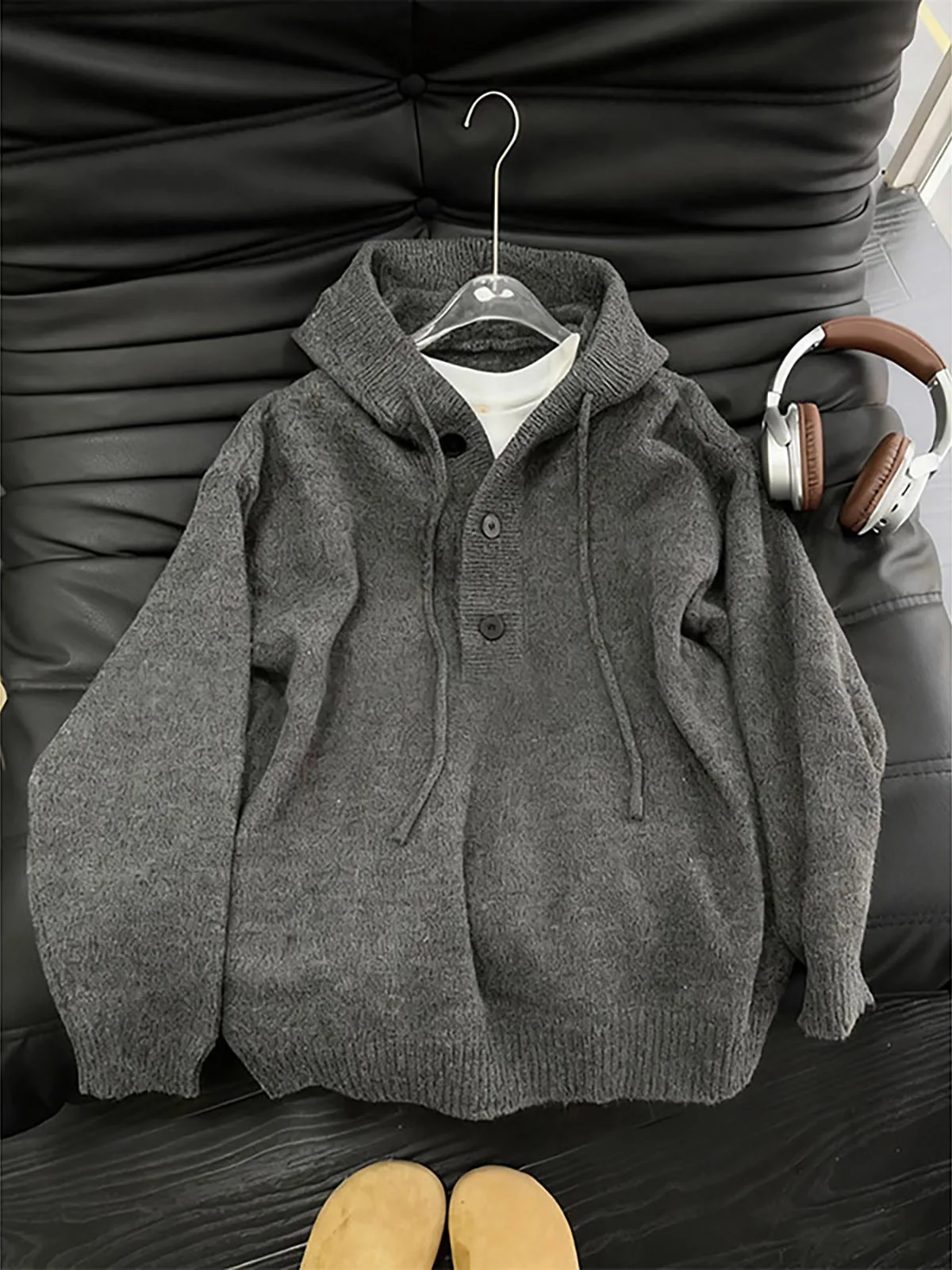 Gray Hooded Henry Collar Knitwear for Boys Autumn Winter Youth Style Cleanfit Heavyweight Long Sleeve Warm  Color Sweater
