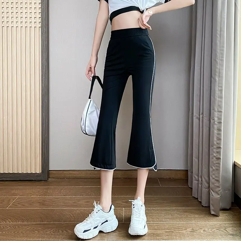 Koreanische Mode Sommer dünne Capris Frauen solide elastische Taillen taschen Patchwork Split hohe Taille lässig Flare waden lange Hosen