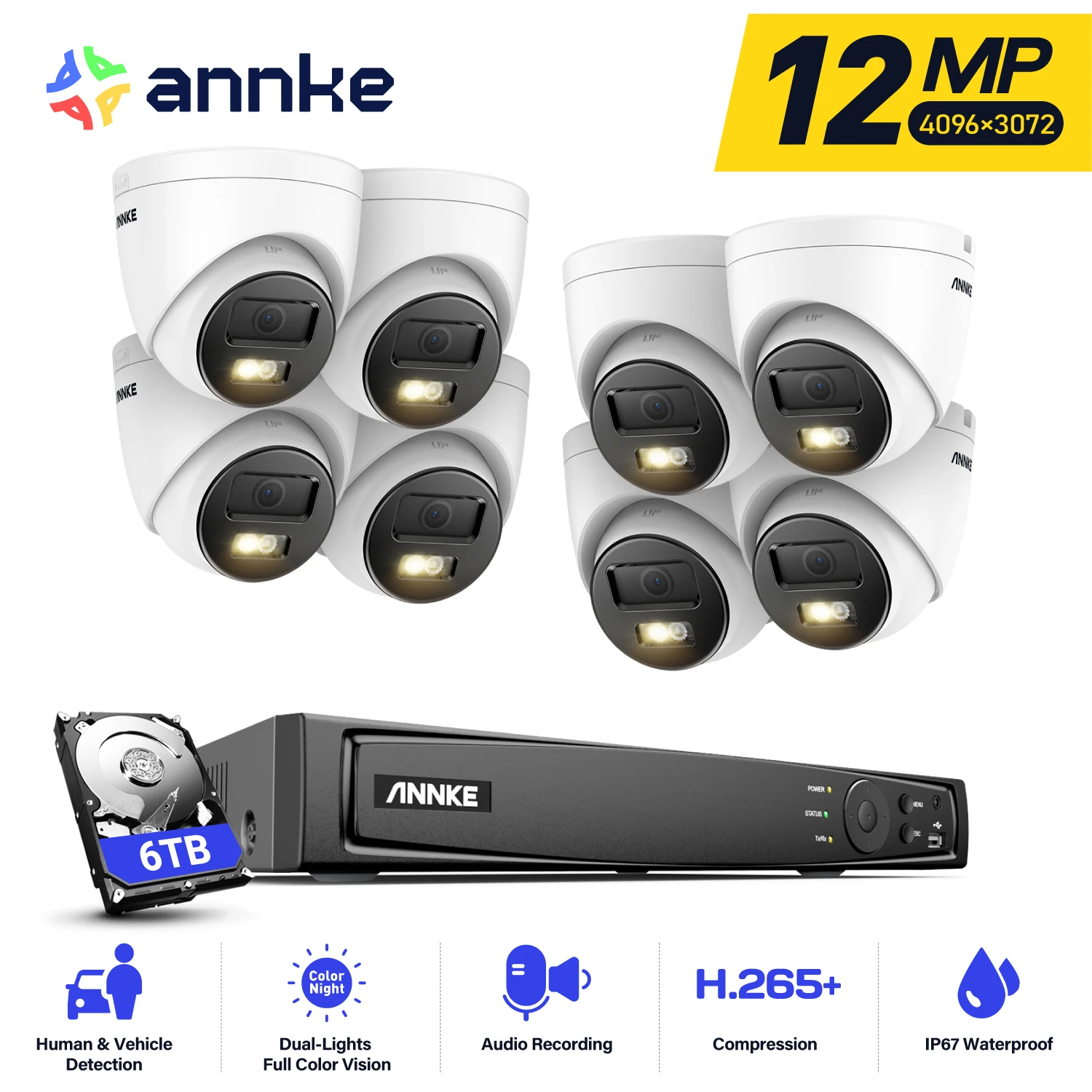 ANNKE 8PCS Security Camera System 12MP PoE IP Bullet Cam with Smart Dual Light, AI Human&Vehicle Detection,  H.265+ 8CH NVR, Color Night Vision for Outdoor Surveillance