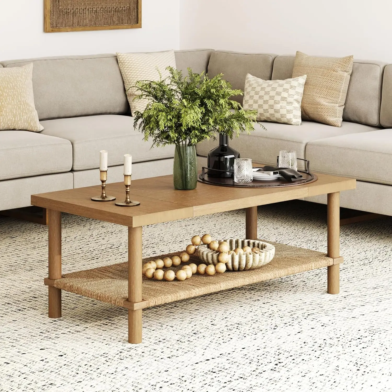 Bohemian Coffee Table with Storage, 2-Tier Rectangle Coffee Table with Solid Wood Legs and Seagrass Shelf, Light Brown