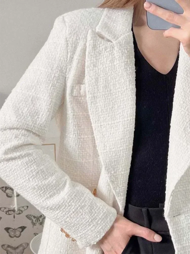 Women Jacket Spring 2024 Traf Fashion Double Breasted Tweed Blazer Coat Vintage Long Sleeve Female Outerwear Chic Top