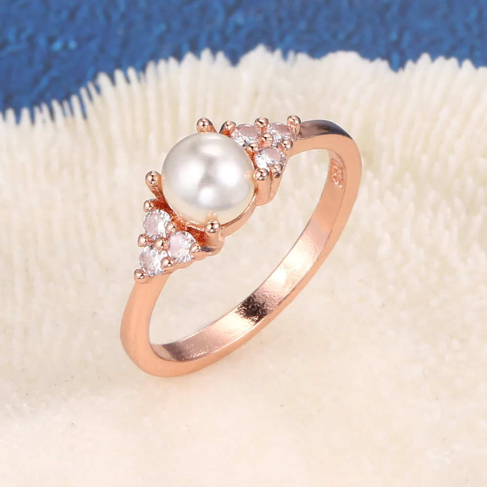 Double Fair Imitation Pearl Dainty Rings For Women Elegant Rose Gold Color Engagement Anniversary Gift Jewelry Ring KCR263