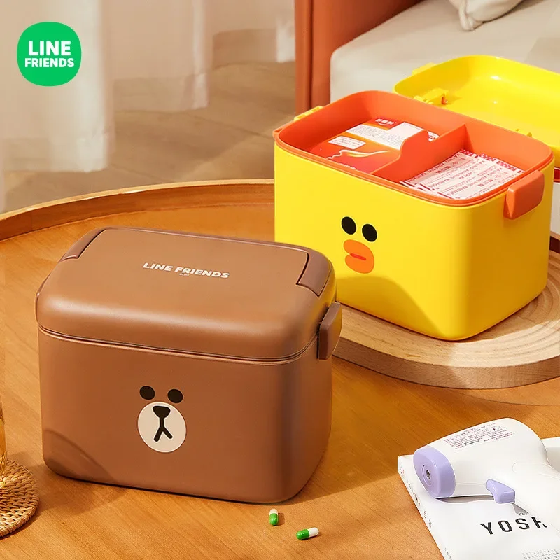 LINE FRIENDS Brown Household Large Capacity Medical Box Anime Kawaii Car Travel Moisture Proof Double Layer Buckle Drug Storage