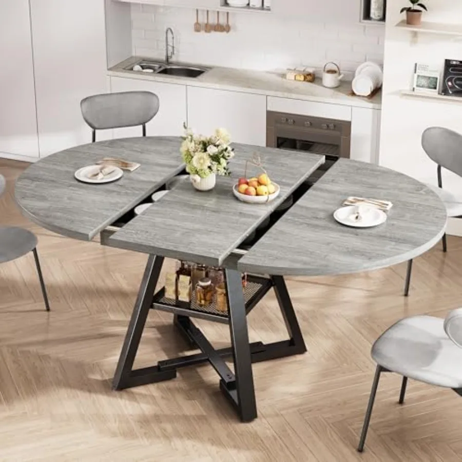 Expandable kitchen dining table for 4-6 persons, oval round shape with storage shelf and removable extension leaf