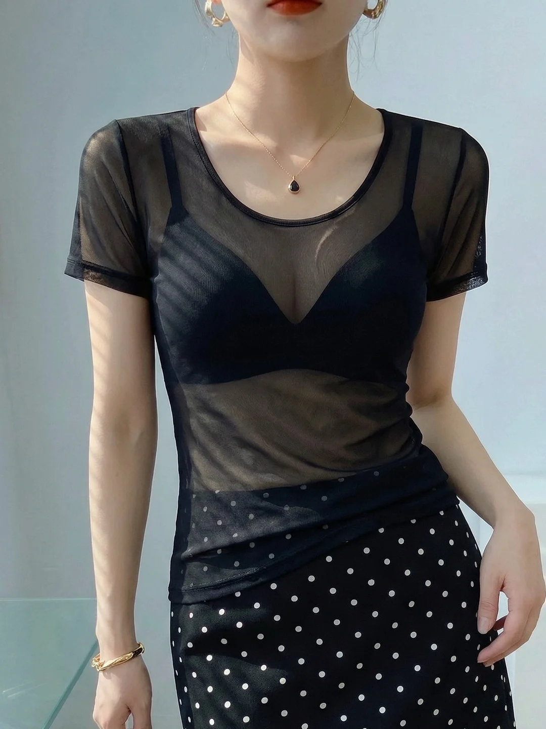 White Low-Neck Lace Short-Sleeve Women's T-Shirt Summer Outerwear Lightweight Luxury Thin High-Quality Beautiful Quality