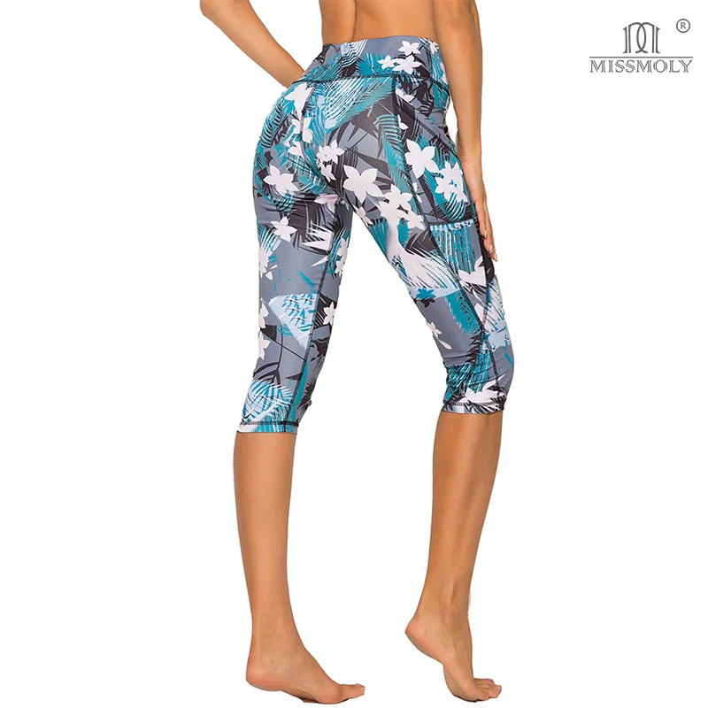Miss Moly Damen 3/4 Yoga-Hose, Taschen, Caprihose, Fitness, Fitnessstudio, hohe Taille, Leggings, schwarzer Blumendruck, abgeschnittene Sporthose