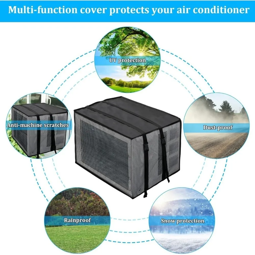 Waterproof AC Unit Protective Cover Adjustable Strap Snow Proof Mesh Cover UV Resistant Ventilated Mesh AC Unit Protective Lid