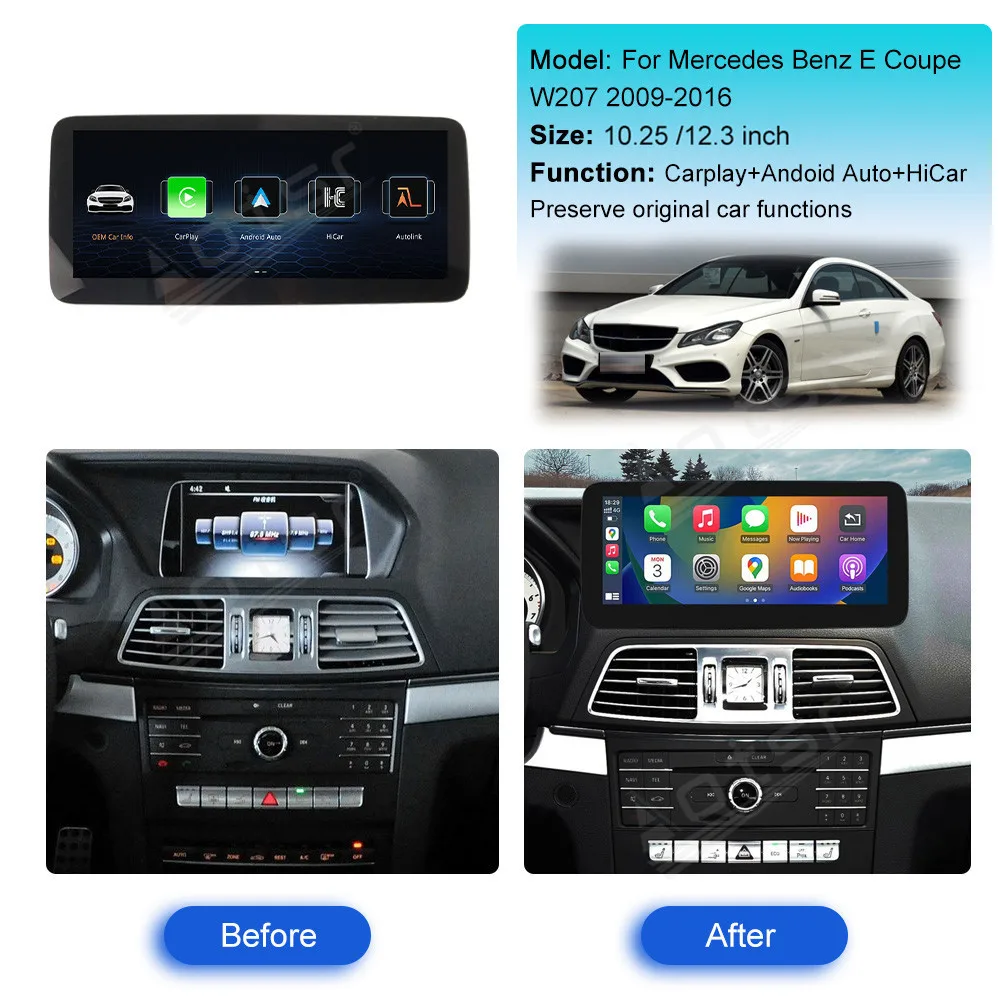 10.25' 12.3' Wireless Apple CarPlay Android Auto Multimedia Display Screen for Mercedes-Benz E Coupe W207 2009-2016