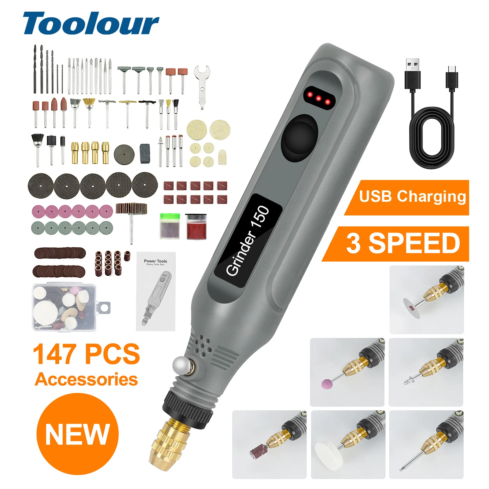 

Toolour USB Cordless Rotary Tool Kit with 147 Accessories 3-Speed Adjust Mini Drill Engraving Pen For Jewelry Metal Glass