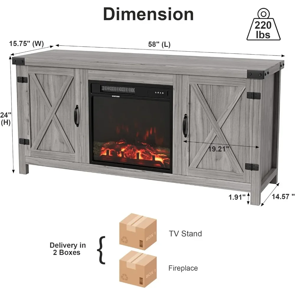 Fireplace TV Stand for Up to 65 Inches TVs, Farmhouse Center with Grooved Barn Doors, Media Console Table with Storage Cabinets