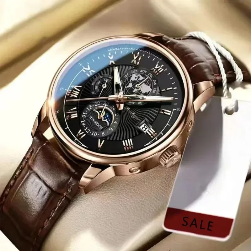 Luxury Man Watch Waterproof Chronograph Moon Phase Pattern Luminous Men\'s Wristwatch Leather Men Quartz Watches Casual Clock