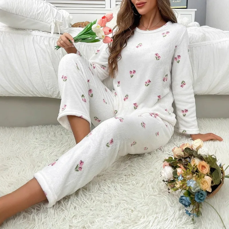 

Thickened Warm Sleepwear for Winter Long Sleeve Trousers Pajamas Flannel Floral Tulip Print Student Loungewear White 2PCS/Set