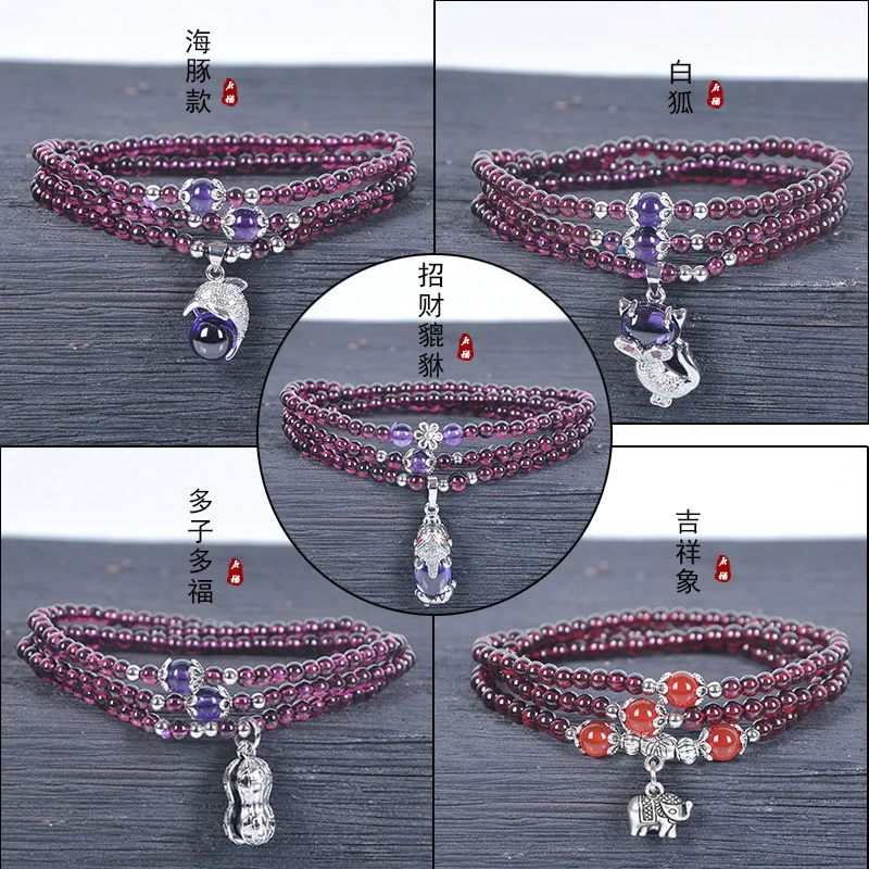 Purple Tooth Black Garnet Bracelet Female Multilayer 3 Rings 5a Crystal Necklace