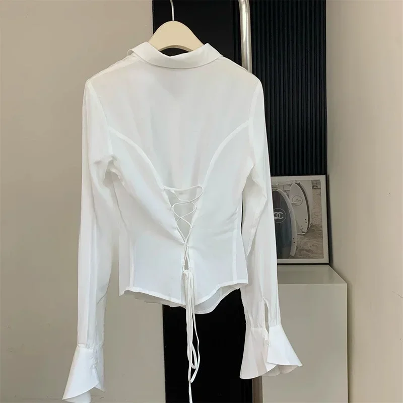 

Shirts Women Back Lace-up Autumn Chic Design Retro Flare Sleeve Tops Fashion High Street Feminine Spring Elegant Clothes