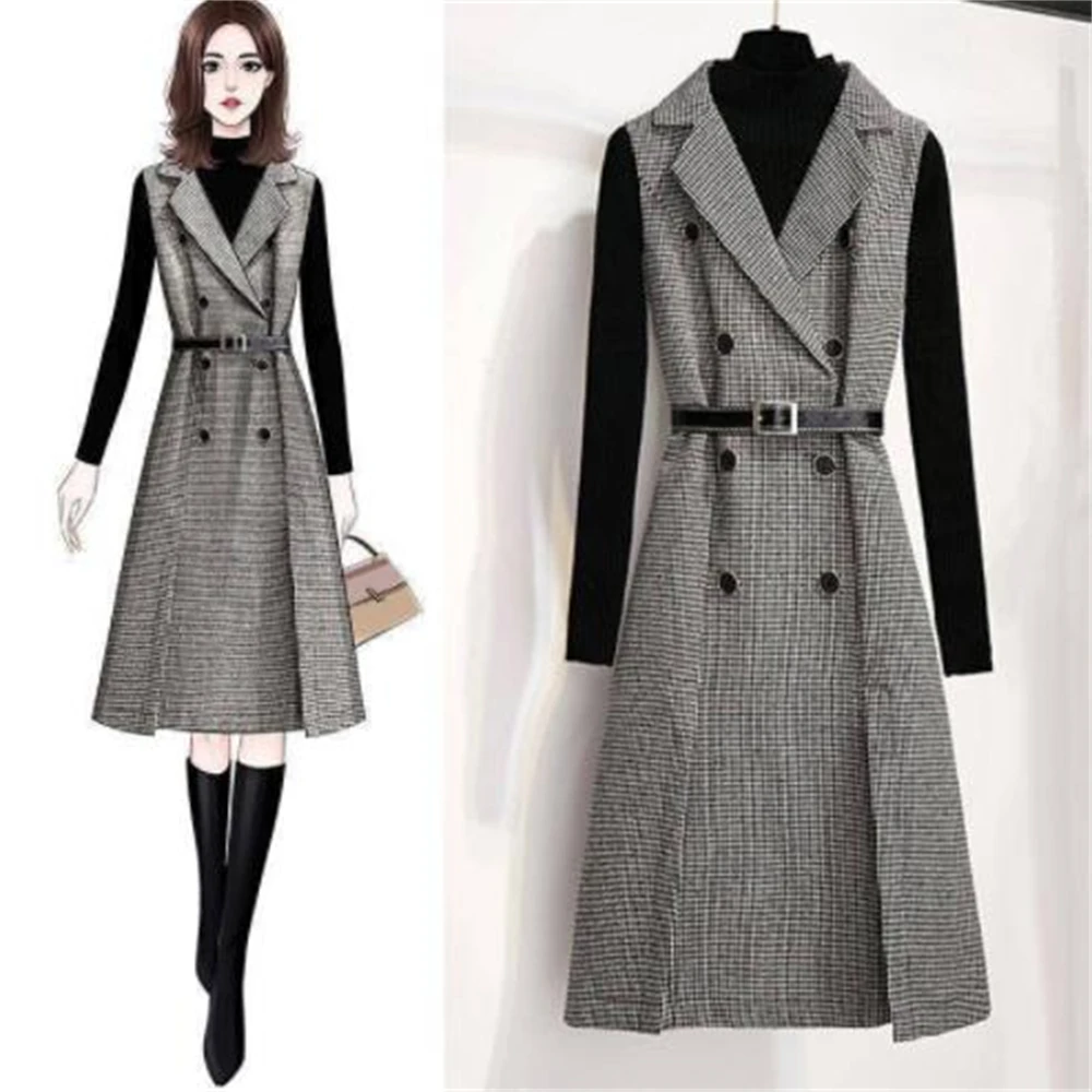 Spring Long Blazer Vest Blends Women Ol Slim Single Button Plaid Women Suit Vest Fashion Elegant Waistcoat Sleeveless Jacket