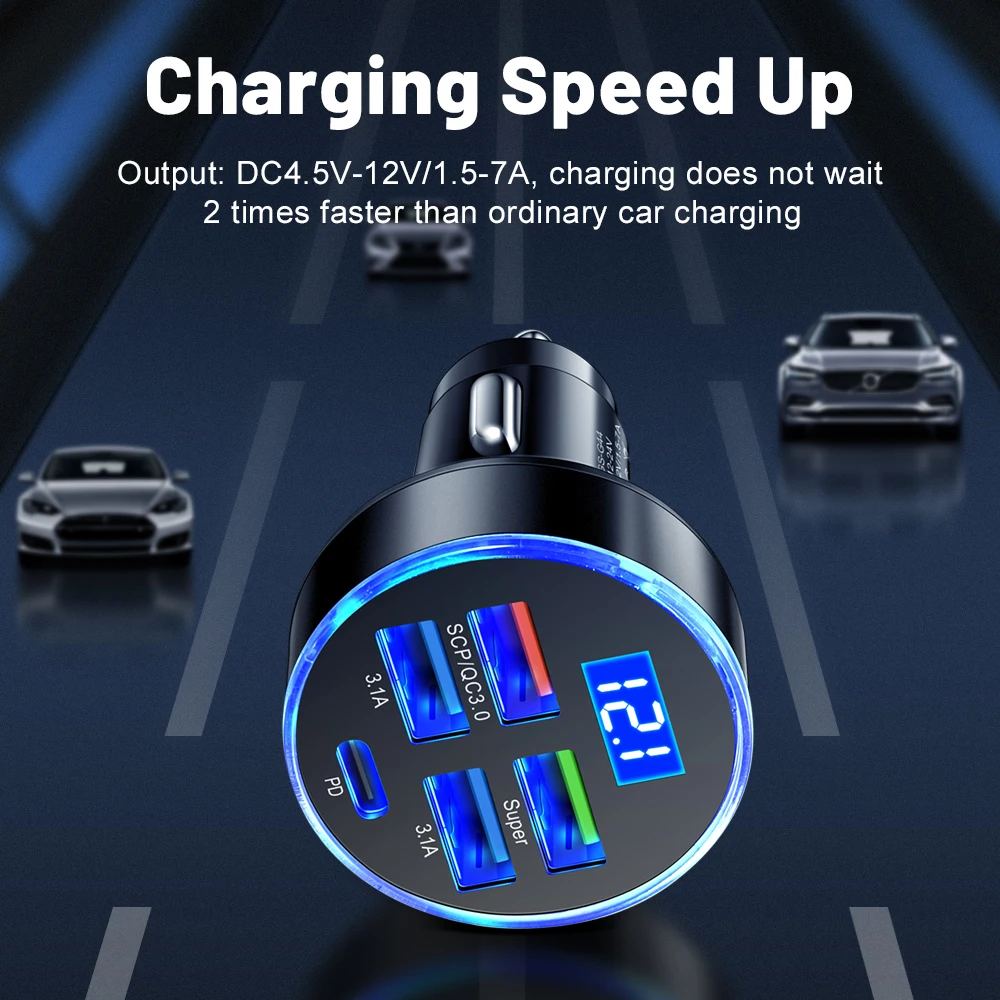 5 Ports Fast Charge PD QC3.0 USB C 250W LED Car Charger Car Phone Charger Type C Adapter in Car For iphone Samsung Huawei Xiaomi