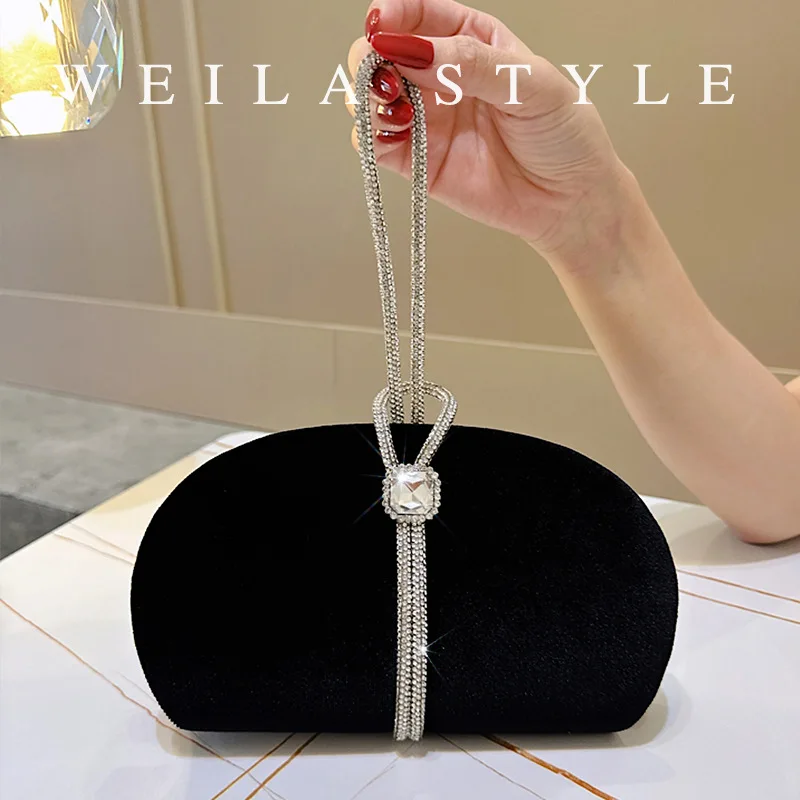 

Блестящая черная бархатная вечерняя сумка со стразами и перекрещивающейся ручкой, элегантный полукруглый клатч для свадебной вечеринки, сумка для ужина