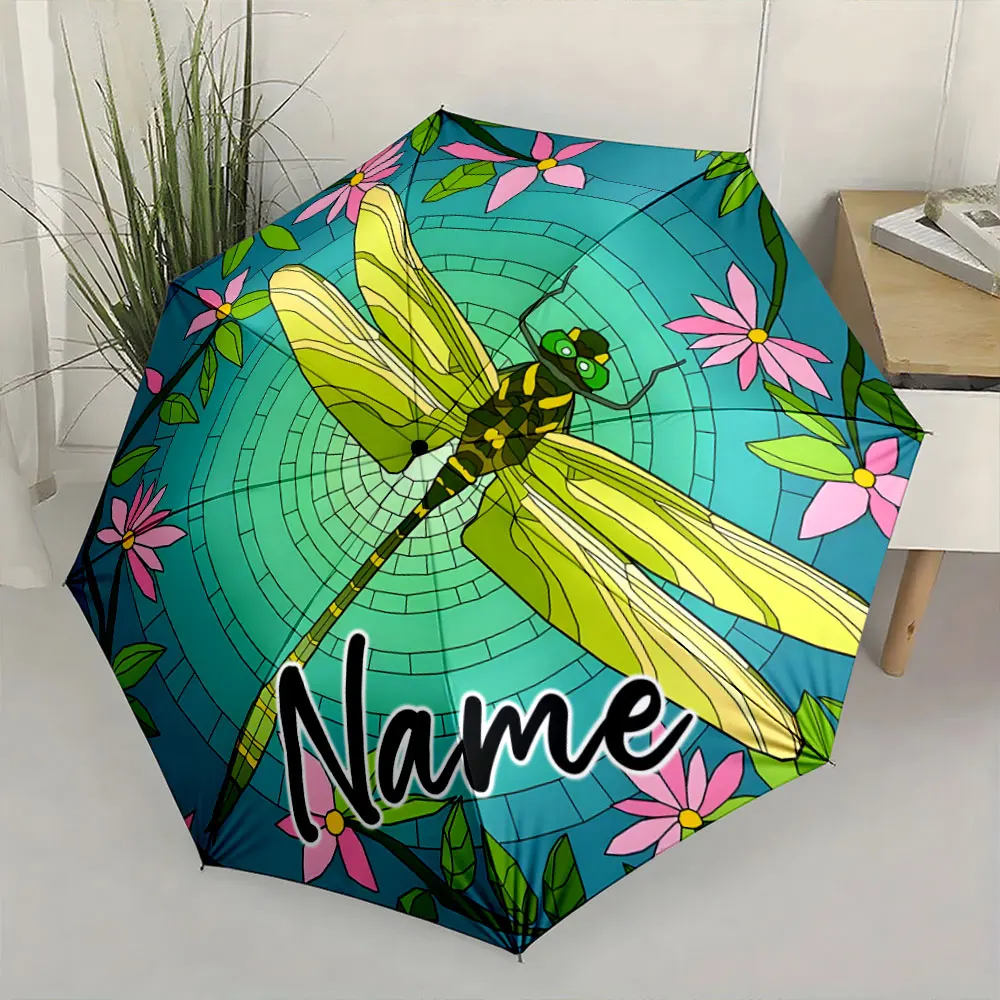 Custom Name Colorful Dragonfly Umbrella Design 8 Iron Ribs Folding Umbrella Auto-Open Fashionable Sunshade Deluxe Gift