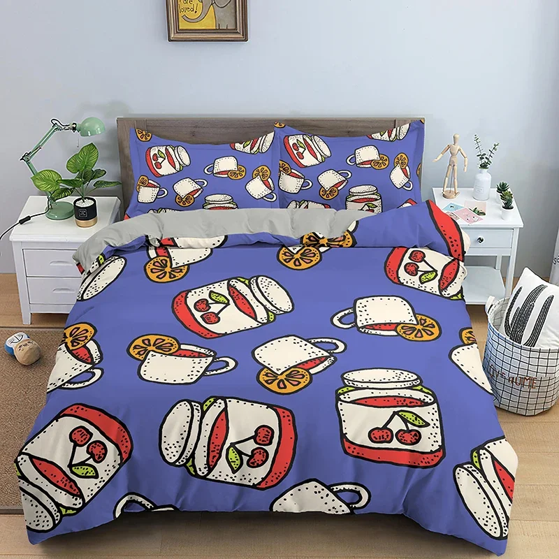 Cartoon Food King Queen Duvet Cover American Fast Food Bedding Set Kids Teens Boys Burger Pizza Hot Dog Polyester Quilt Cover