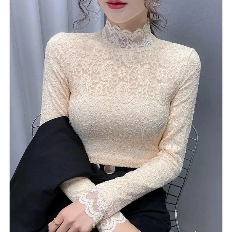 Lace Bottoming Shirt Blouse Women's Autumn Winter New Plus Velvet Thickening /thin Semi-high Collar Inner Tshirt Top