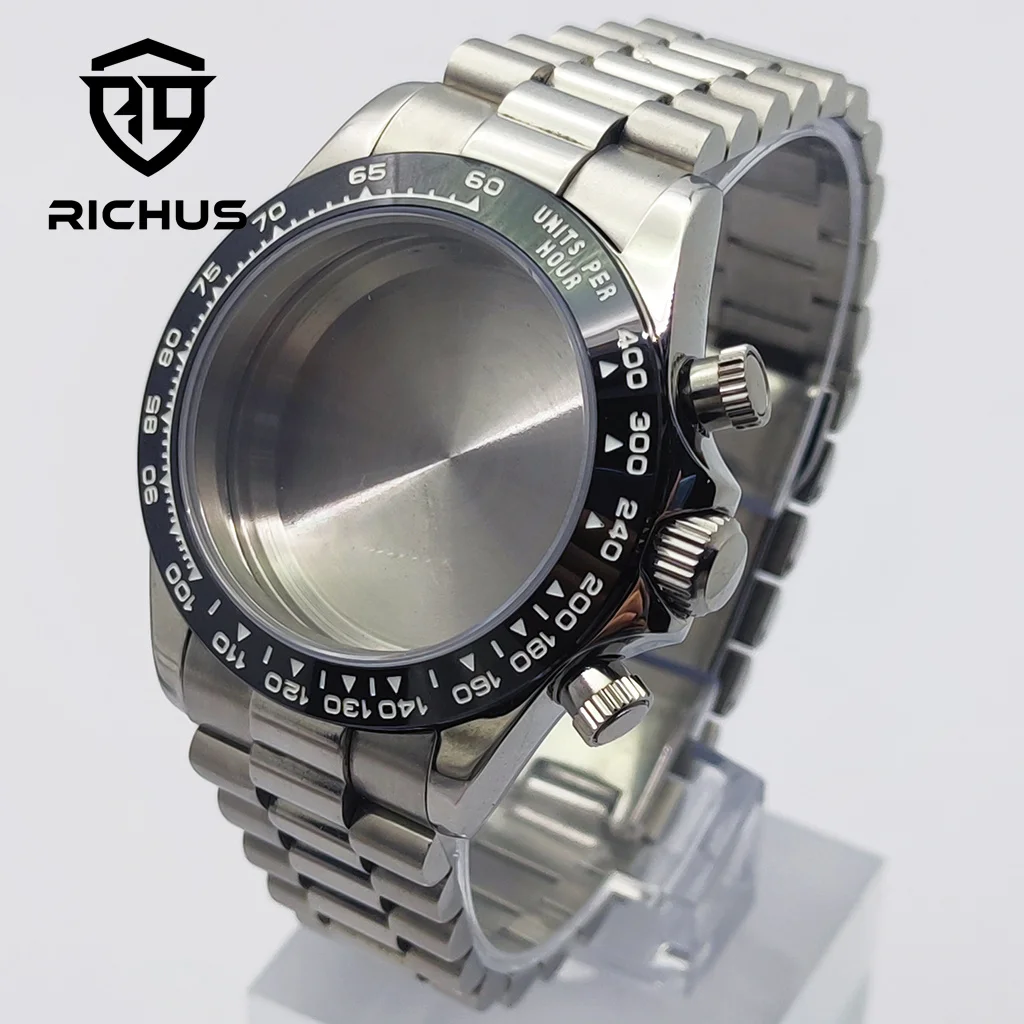 

RICHUS 39mm Silver Watch Case 5ATM Waterproof Mineral Glass Fit VK63 Quartz Movement Watch Accessories