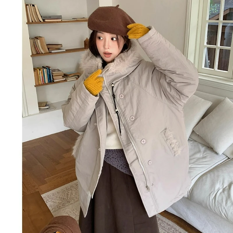 เสื้อแจ็คเก็ตพาร์กาสำหรับผู้หญิง รุ่นหนา อุ่น บุผ้าฝ้าย มีฮู้ด แต่งขนเฟอร์ที่ปกเสื้อ รุ่น C187