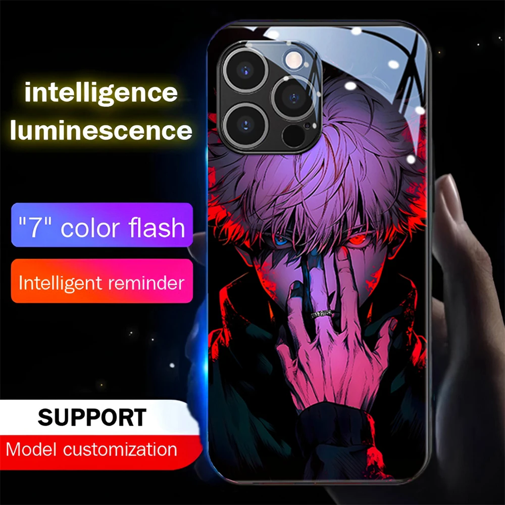 Cool Jujutsu Anime Pattern Sound Control LED Flash Cases Luminous Glass Cover For Samsung S26 S25 S24 S23 S22 S21 S20 Plus Ultra