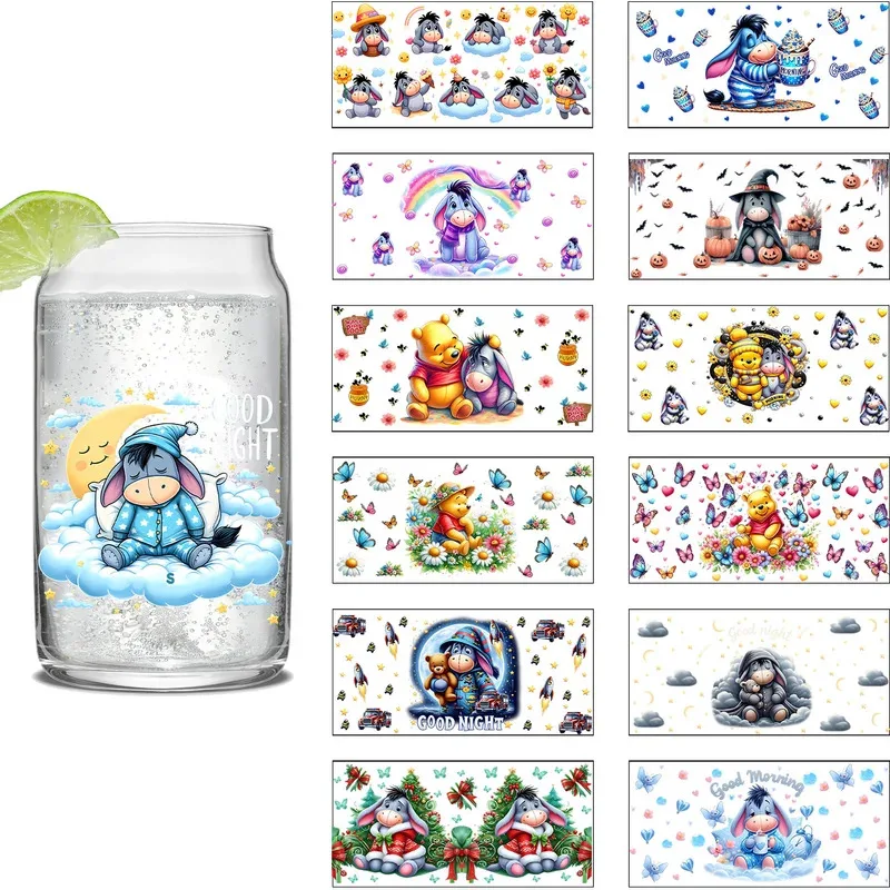 سلسلة ويني الكرتون سهلة التقشير مقاوم للماء لتقوم بها بنفسك الشارات ثلاثية الأبعاد نقل ملصقات uvdtf 16oz uv dtf كأس يلتف لنظارات Libbey