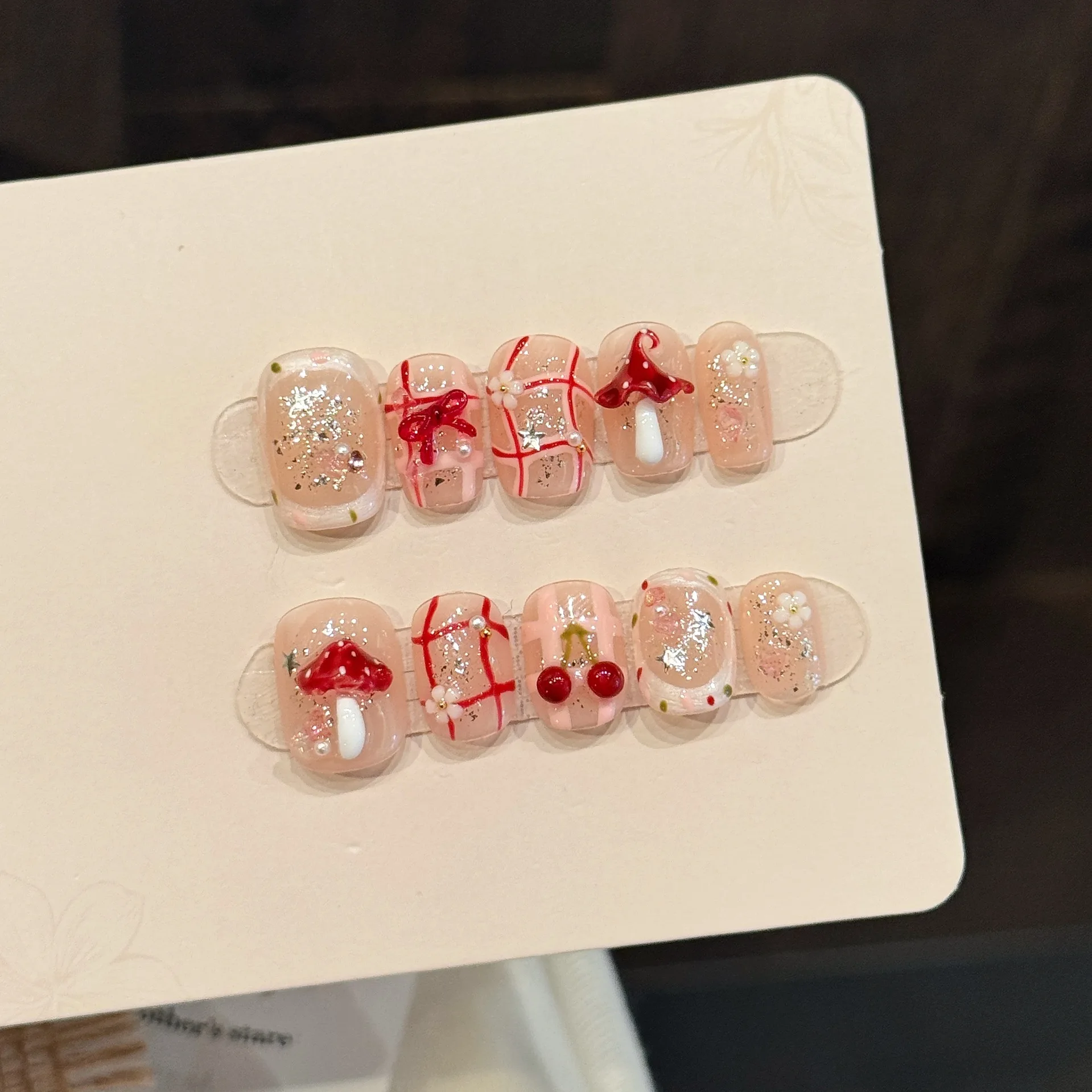 

10 PCS Luxury Handmade Press on Nails Short Oval Cute bow Design with 3-PIECE Tool Adhesive Nail Glue Tabs