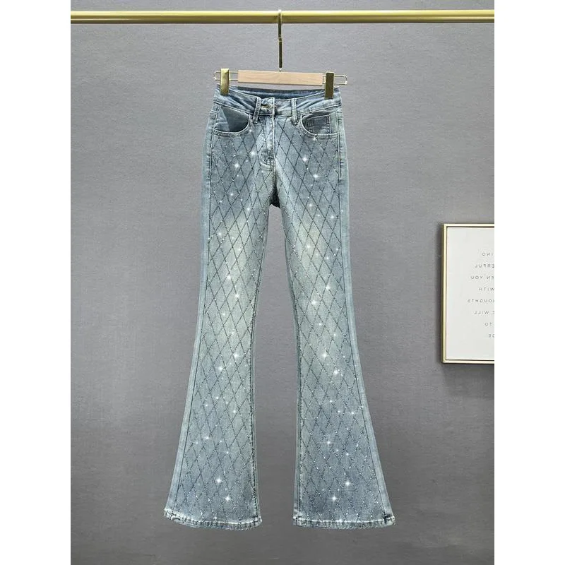 

Female New Fashion Elastic High Waist European Goods Rhinestones Trousers Jeans Women Blue Korean Slim-fit Flared Denim Pants