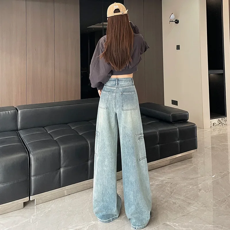 

Синие джинсовые широкие брюки-карго в стиле ретро, женские четырехсезонные новые свободные прямые брюки длиной до пола с высокой талией