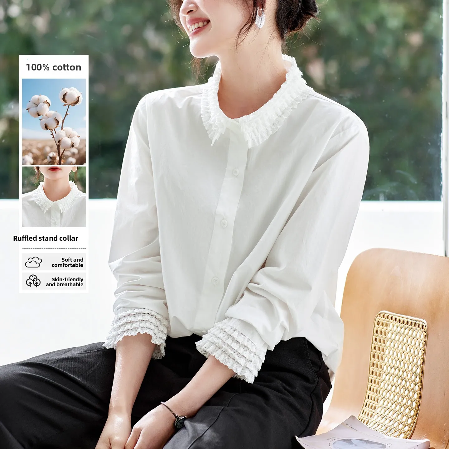 

Women's Long Sve Collared irt Faionable Spring Clothing Wooden Design Sense Small ence Top Cotton Material