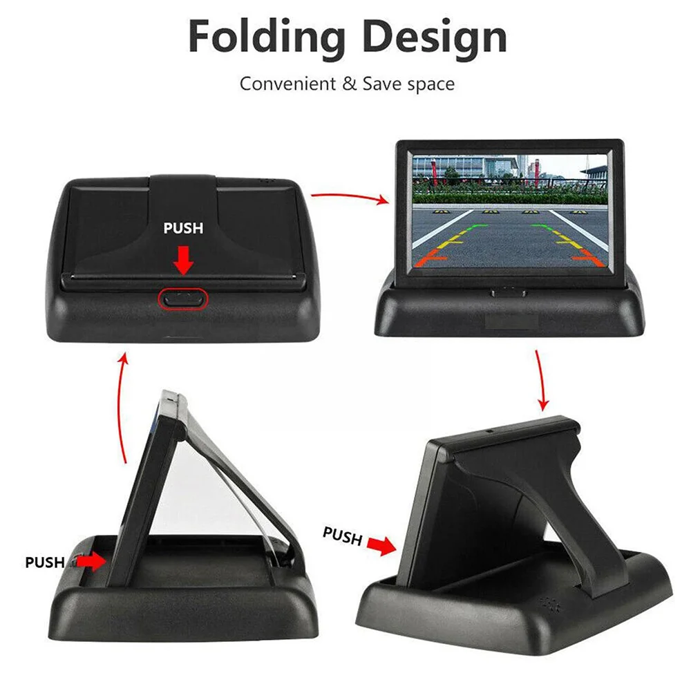 4.3 Inch Folding Screen Car Monitor for Rear View Camera Reversing Image Display TFT LCD Front/Side/Rear 2 Channel Video Input