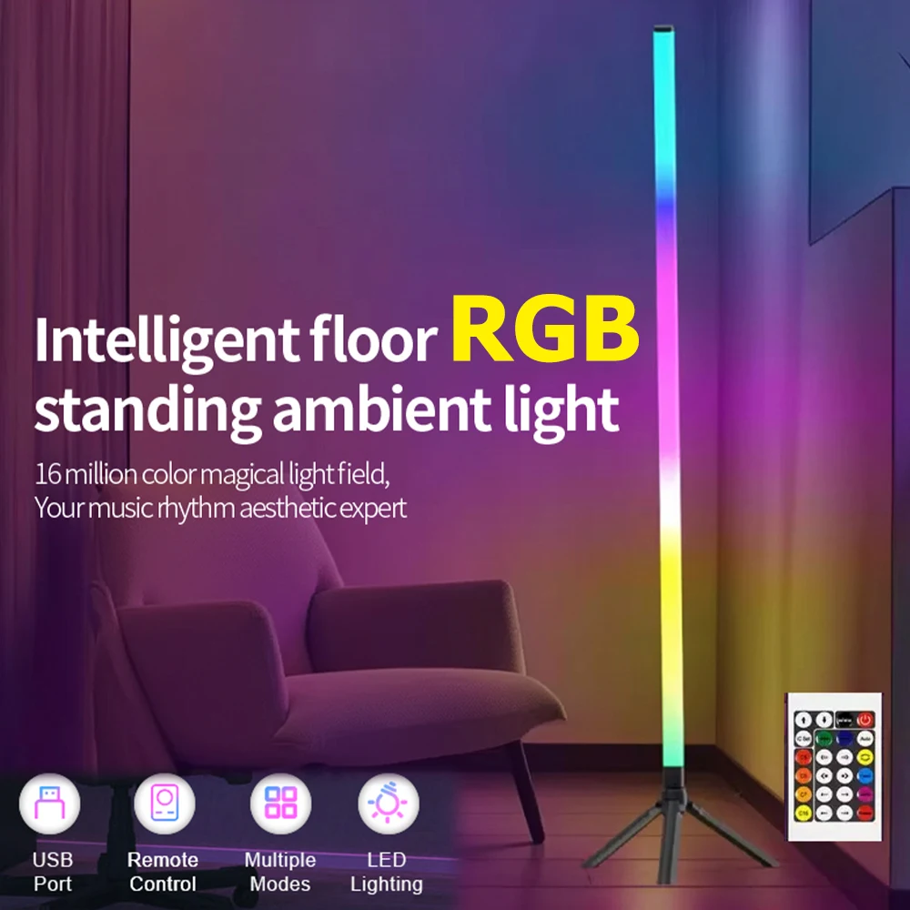 RGB Tripod Floor Lamp Atmosphere Light USB Powered Remote Control Dimmable 6 Music Rhythm Modes 44 Scene Modes 360° Full Tube Lighting RGB Mixed White Color Changing Standing Mood Light for Living Room Bedroom Party Gaming Room Decor