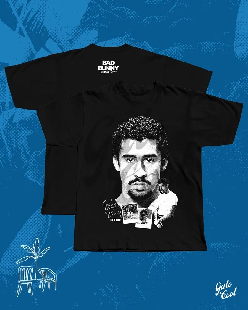 Bad Bunny DTMF Themed Double-Print T-Shirt: Black Oversize Base with Artist Portrait & Signature Design Fan Merch