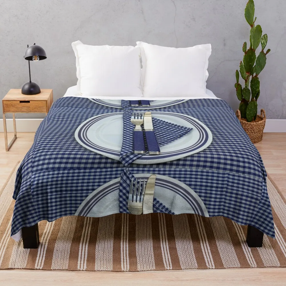 

Blue Gingham Place Setting Throw Blanket Thins Flannel Fabric halloween Soft Beds Blankets