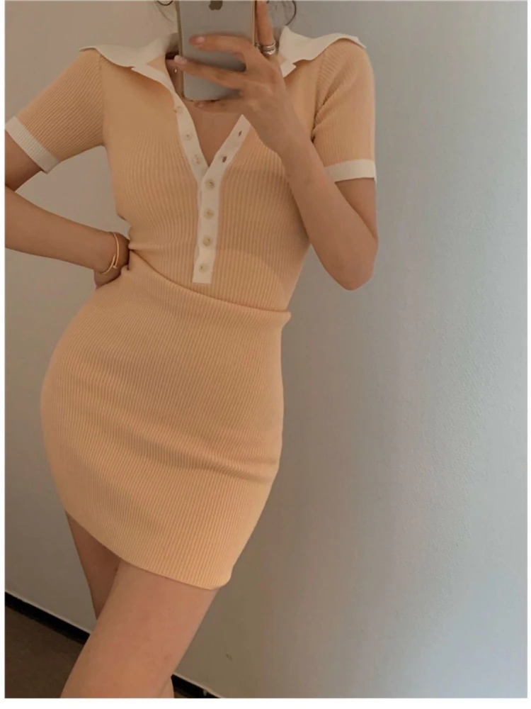 

Sexy Short Sleeve Skinny Mini Dress Women Turn-Down Collar Button Knited Bodycon Dress Elegant Slim Party Dresses Vestido Robe