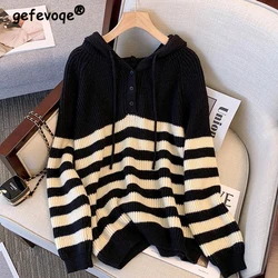 Women Clothing 2023 Autumn Winter Trendy Button Striped Hooded Knitted Sweater Casual Streetwear Loose Long Sleeve Pullover Tops