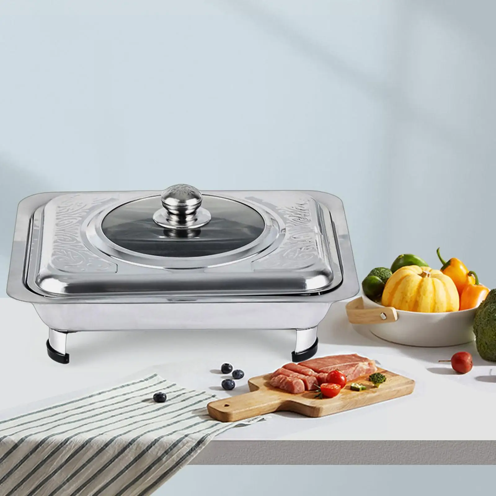 Zestaw bufetowy ze stali nierdzewnej, ze szklaną pokrywką, okrągła taca do podgrzewania żywności, na przyjęcia, kolacje i catering