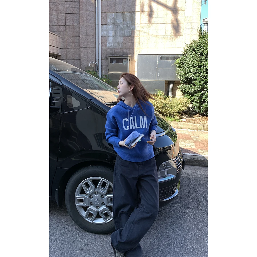 

HelloooEat Thiened Корейский повседневный вязаный свитер-худи с надписью, с длинными рукавами, зимний, для женщин, в стиле оверсайз