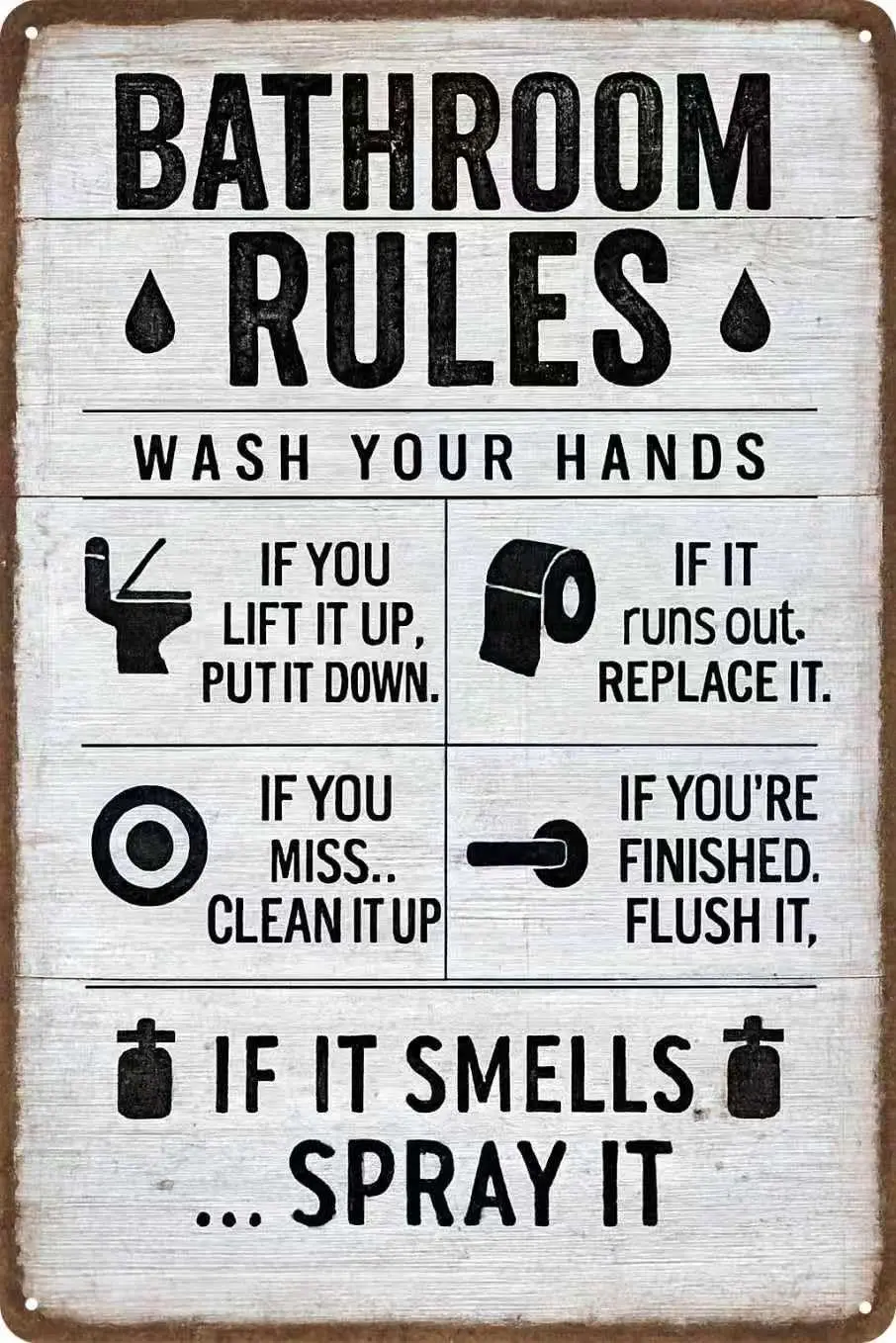 Bathroom Rules Sign for Home, Funny Toilet Rules Metal Wall Decor for Kids | Flush The Toilet Sign for Guest Room, Vintage Farmh