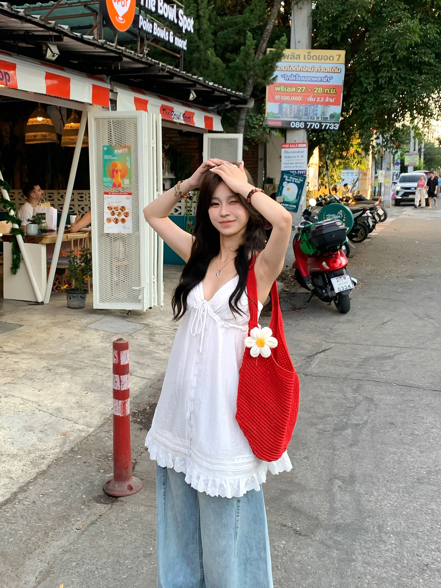 

Adan Sweet V-neck Lace Halter Dress Summer Korean Style Slimming Loose Design Flower White Dress Women's Clothing