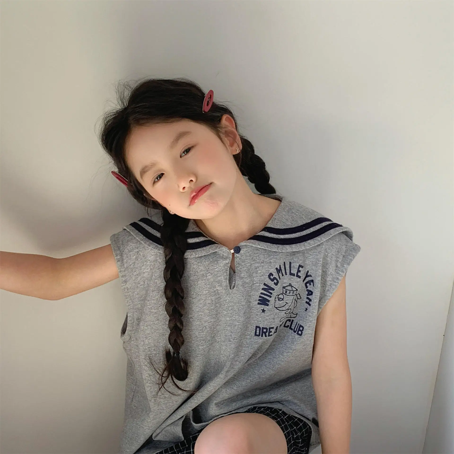 

2025 Summer New Children Sleeveless T Shirts Cartoon Letter Print Girls Sailor Collar Tee Cotton Baby Loose Tops Kids Clothes