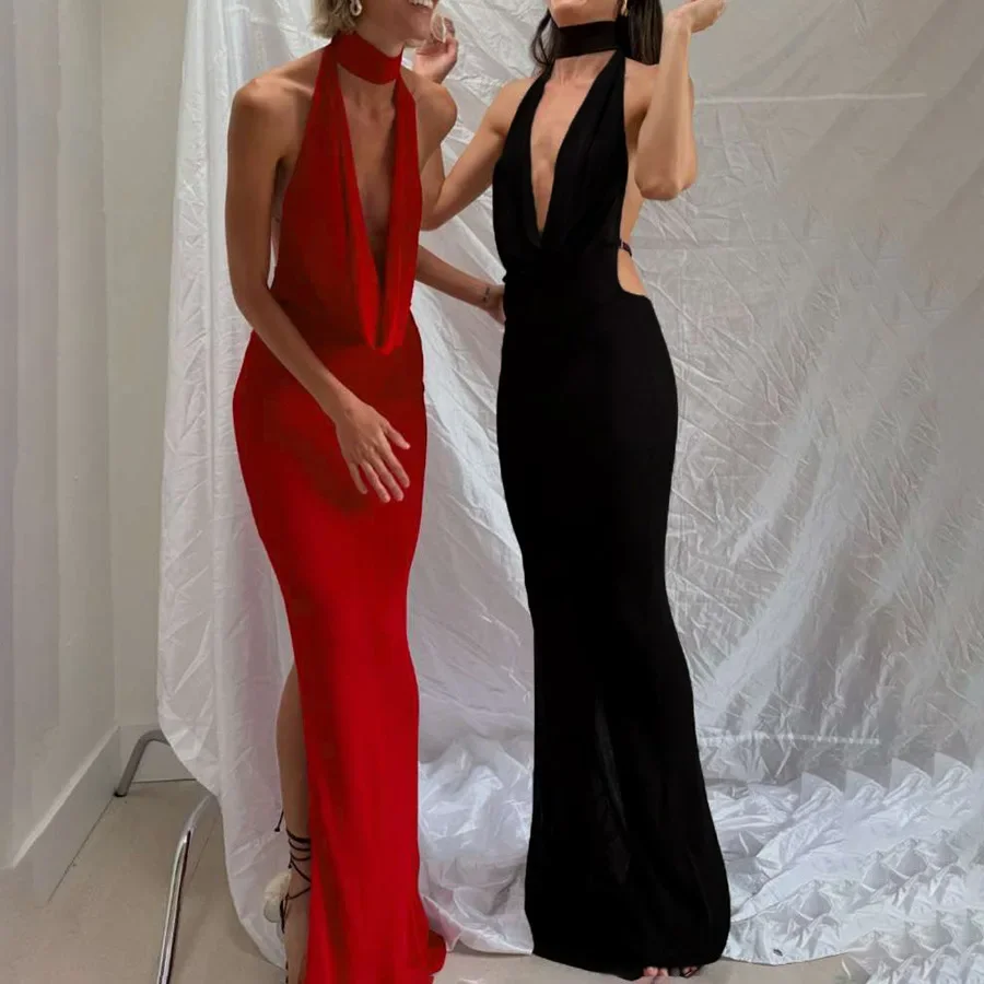 

Women's Sexy V-Neck Backless Evening Dress Summer Sleeveless Side Slit Slim Fit Club Party Maxi Dress New Arrival 2025