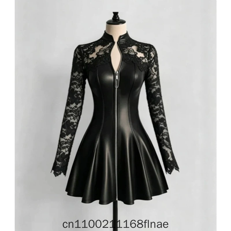 European and American Women's Modern Dance Dress Elegant Imitation Leather PU Splicing Lace Stand Up Collar Long Sleeved Dress