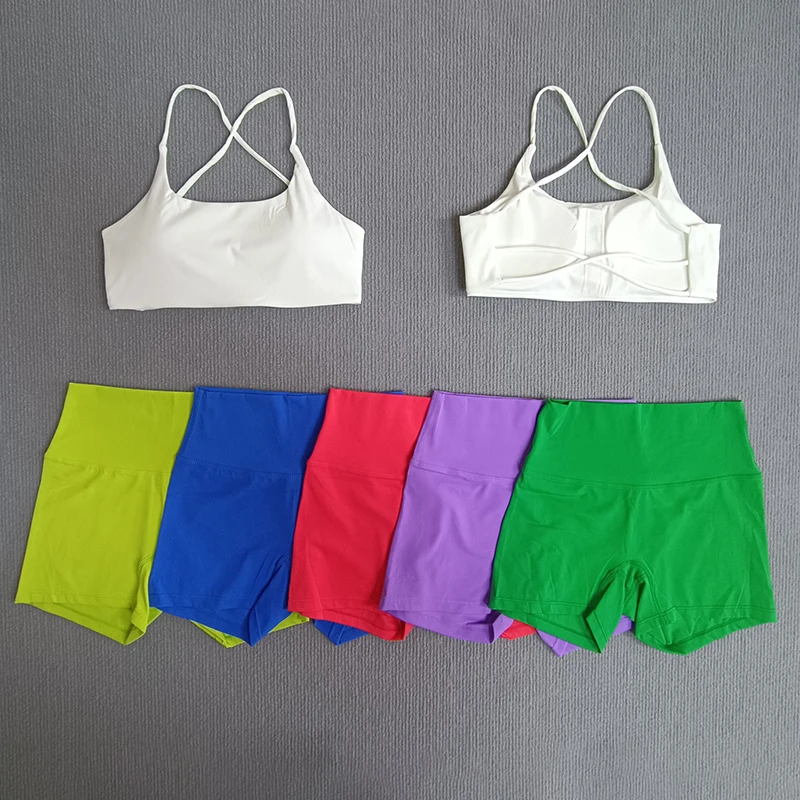 

Yoga 2 Piece Set White Cross Back Backless Bra Match with various beautiful colors of shorts Gym Sport Leggings Compression