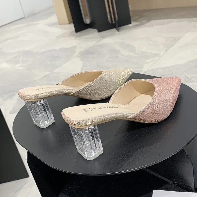 

Transparent Women Summer Closed Toe Half Slippers Versatile Trendy Pointed Toe Chunky High Heels Crystal Heel Outdoor Sandals